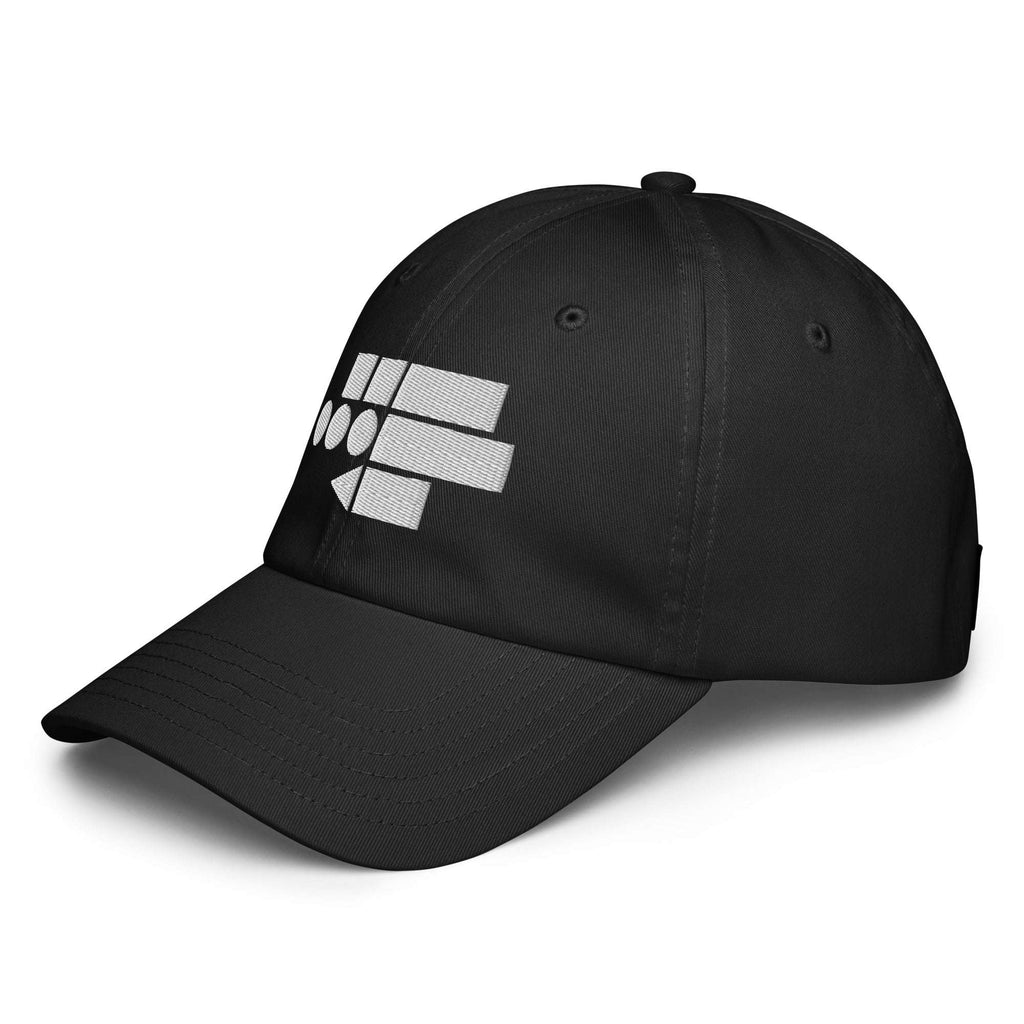 Black dad cap at a left three-quarter angle showing the Cipher mark, curved visor and low crown from Form Finding Design
