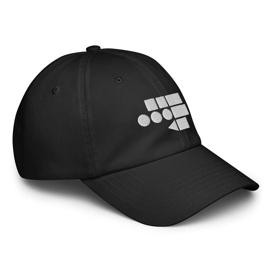 Black dad cap at a right three-quarter angle showing side panel and visor profile from Form Finding Design