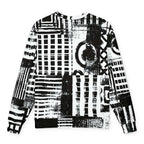 HIS FFD Block Sketch Sweatshirt featuring a bold black and white abstract graffiti-style print with stripes, grids, and brushstrokes, shown flat against a white background.