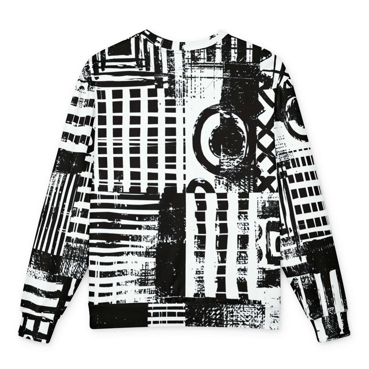 HIS FFD Block Sketch Sweatshirt featuring a bold black and white abstract graffiti-style print with stripes, grids, and brushstrokes, shown flat against a white background.