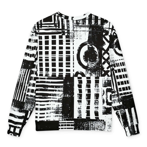 HIS FFD Block Sketch Sweatshirt featuring a bold black and white abstract graffiti-style print with stripes, grids, and brushstrokes, shown flat against a white background.