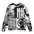 HIS FFD Block Sketch Sweatshirt featuring a bold black and white abstract patchwork print with stripes, grids, and brushstroke textures, shown flat against a white background.