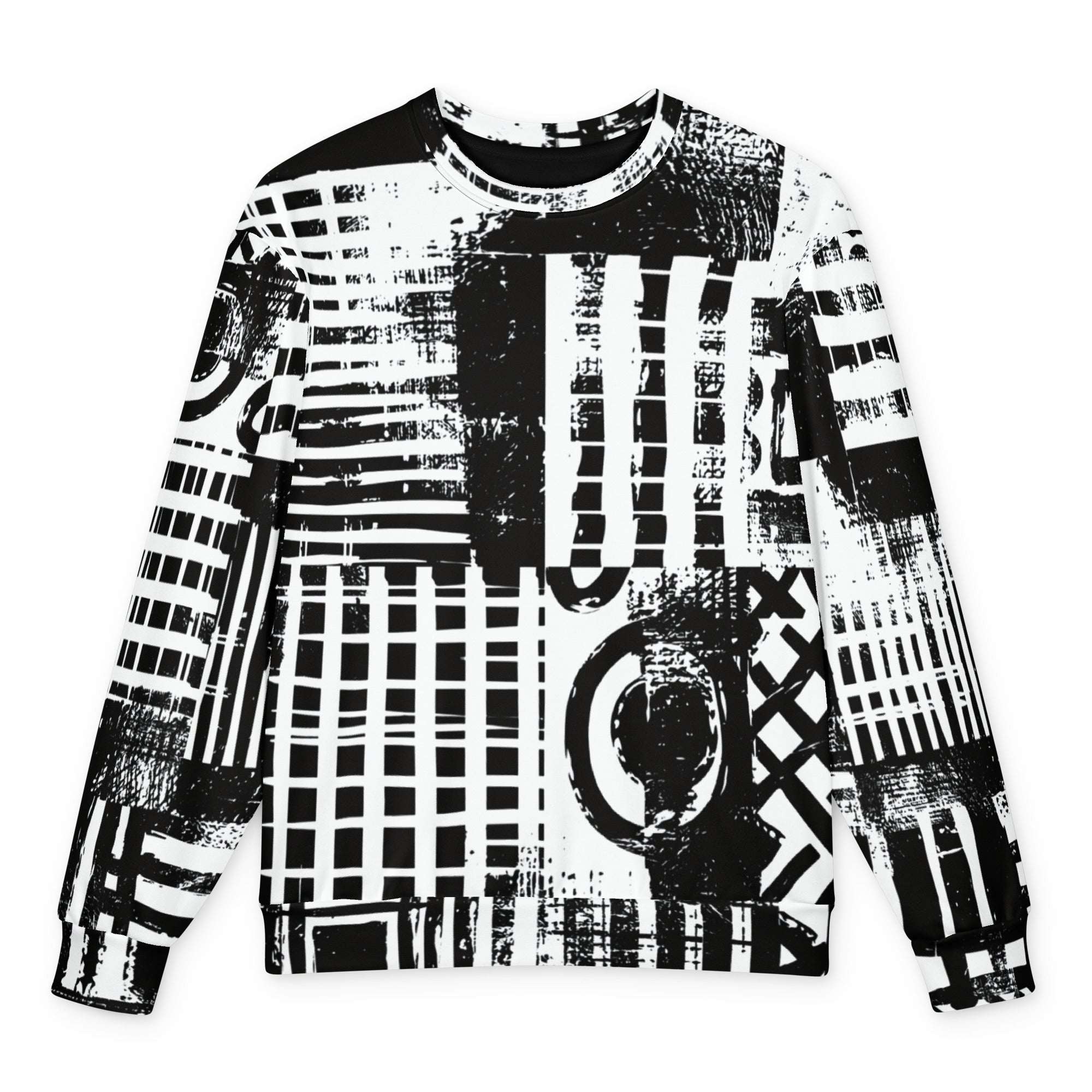 HIS FFD Block Sketch Sweatshirt featuring a bold black and white abstract patchwork print with stripes, grids, and brushstroke textures, shown flat against a white background.