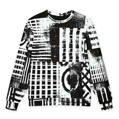 HIS FFD Block Sketch Sweatshirt featuring a bold black and white abstract patchwork print with stripes, grids, and brushstroke textures, shown flat against a white background.