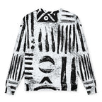 HIS FFD Script Sketch Sweatshirt laid flat — black and white all-over print across body and sleeves