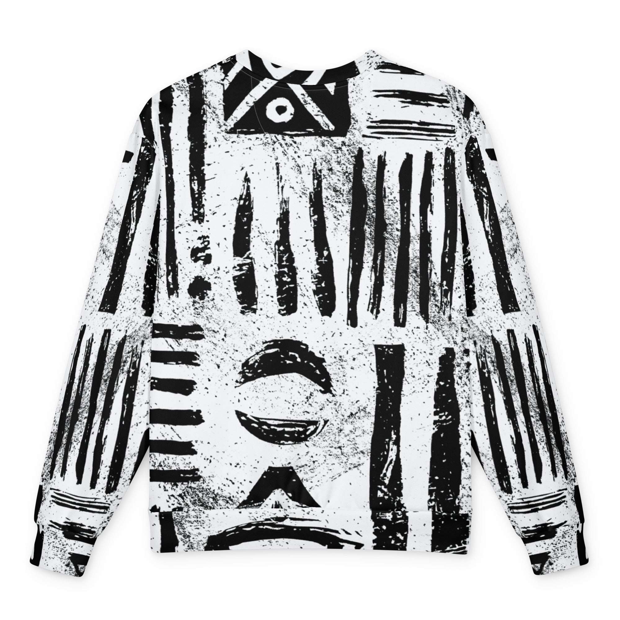 HIS FFD Script Sketch Sweatshirt laid flat — black and white all-over print across body and sleeves