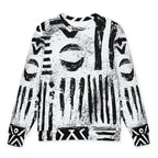 White oversized sweatshirt covered in black upright marks and crescents — HIS FFD Script Sketch Sweatshirt