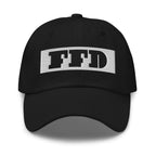 Black dad hat, front view, black FFD wordmark tag embroidered across both front panels — Form Finding Design