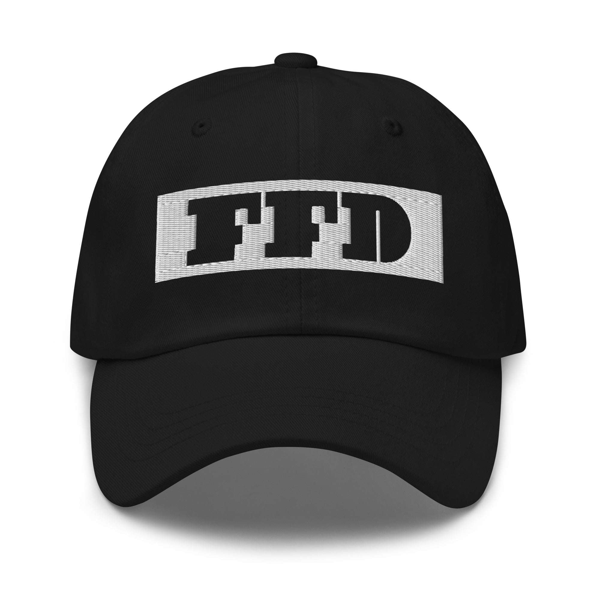 Black dad hat, front view, black FFD wordmark tag embroidered across both front panels — Form Finding Design