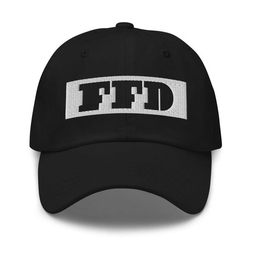 Black dad hat, front view, black FFD wordmark tag embroidered across both front panels — Form Finding Design