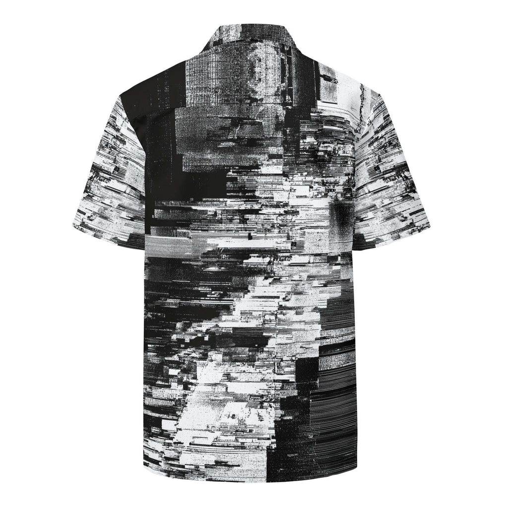 Men's short-sleeve button shirt in a black and white scan-line print, back view. Form Finding Design HIS Kinescope Glitch Print Shirt