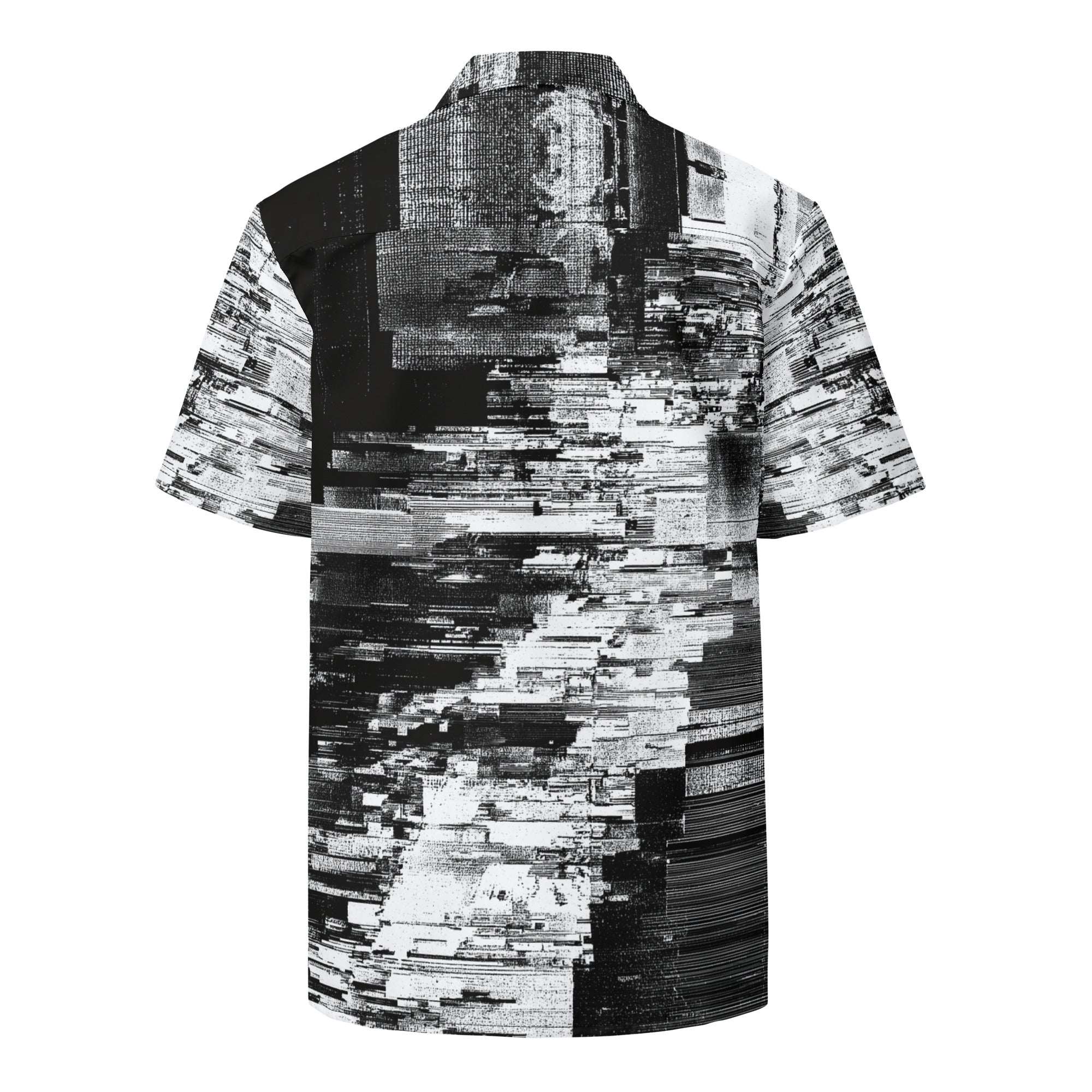 Men's short-sleeve button shirt in a black and white scan-line print, back view. Form Finding Design HIS Kinescope Glitch Print Shirt