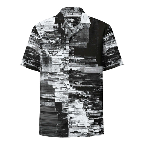 Men's short-sleeve button shirt in a black and white scan-line print, front view. Form Finding Design HIS Kinescope Glitch Print Shirt