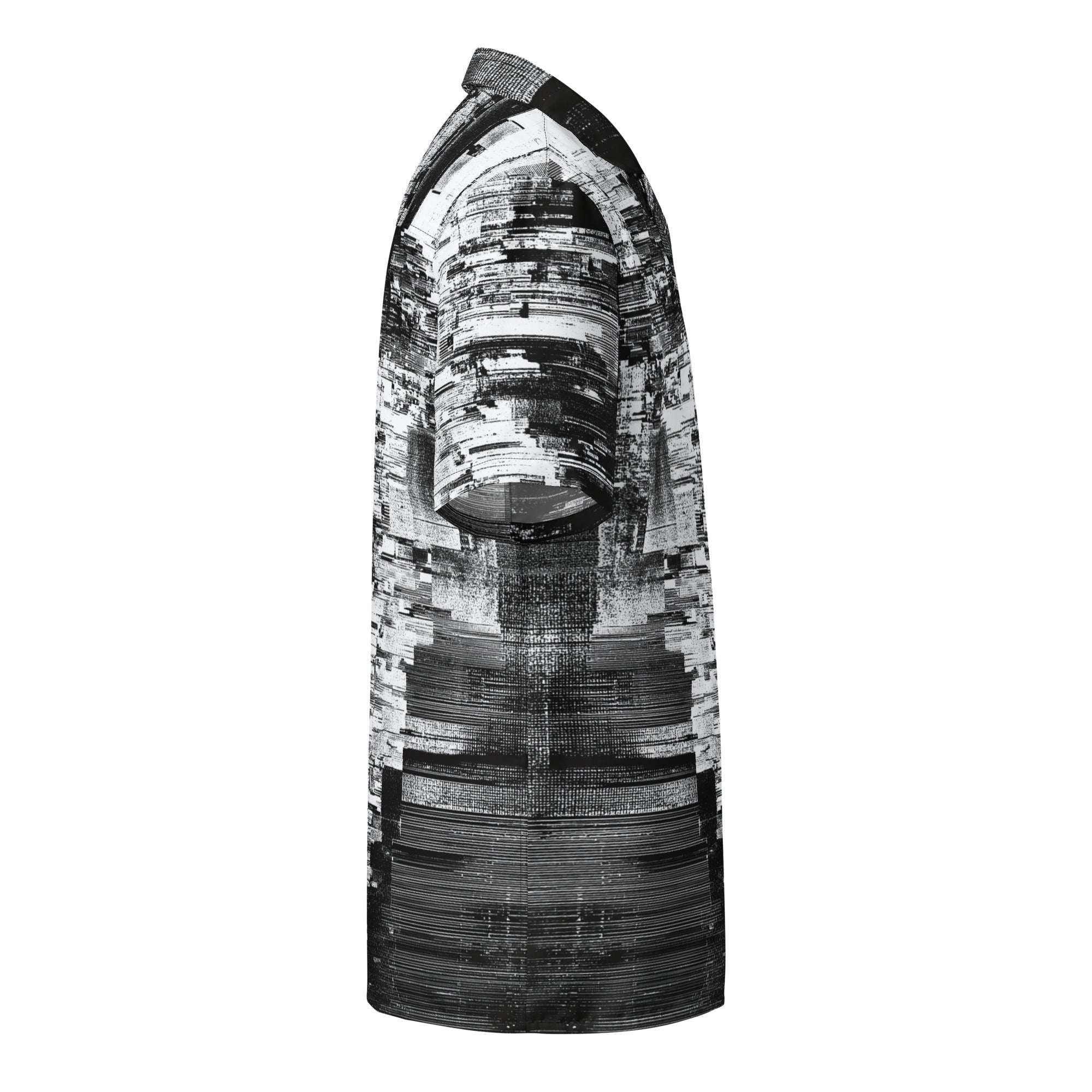 HIS Kinescope Glitch Print Shirt right side, showing the lighter banded section of the black and white print by Form Finding Design