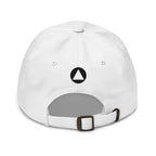 Back of white Form Finding Design cap showing adjustable strap and antique-finish square buckle