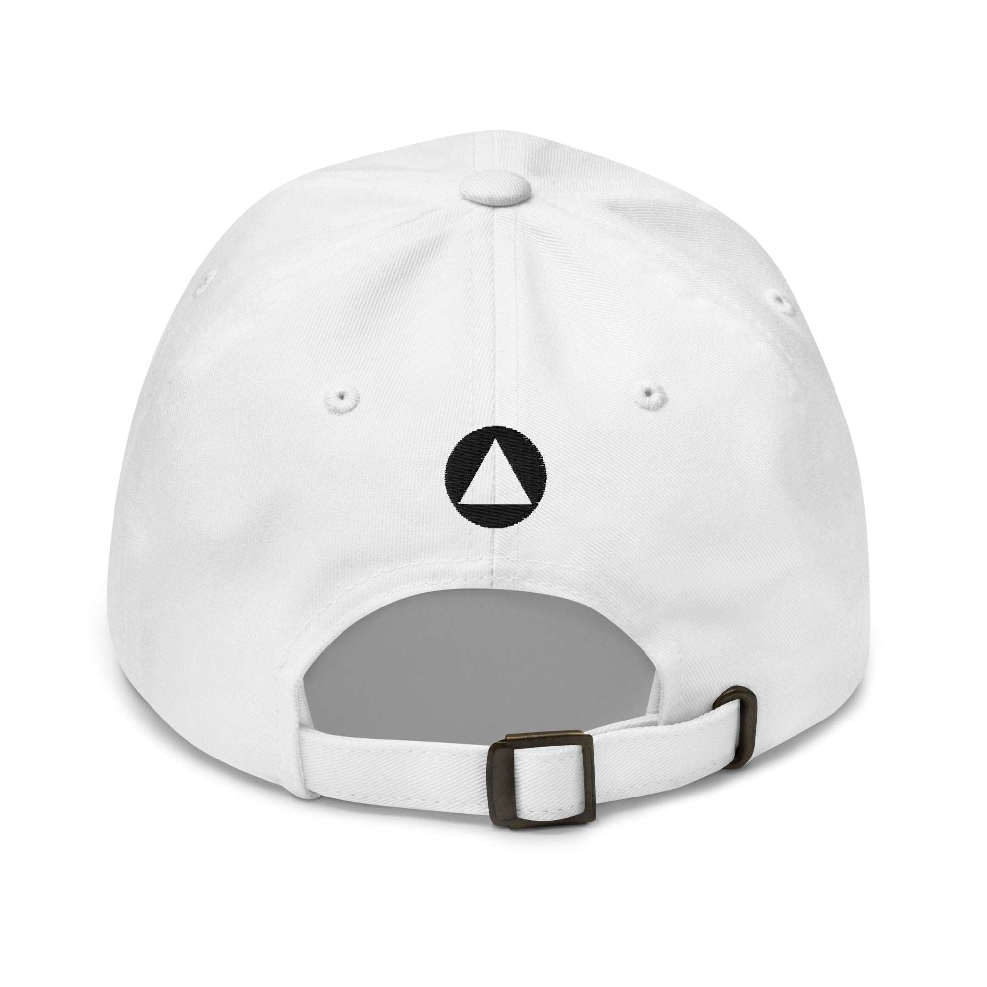 Back of white Form Finding Design cap showing adjustable strap and antique-finish square buckle