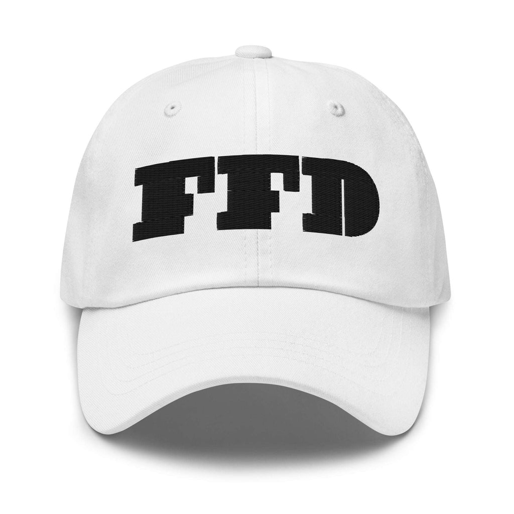 White dad hat, front view, black FFD wordmark embroidered across both front panels — Form Finding Design