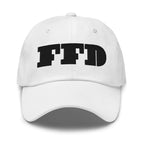 White dad hat, front view, black FFD wordmark embroidered across both front panels — Form Finding Design