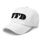 White cap, three-quarter left angle, black FFD wordmark curving across the front panels from Form Finding Design