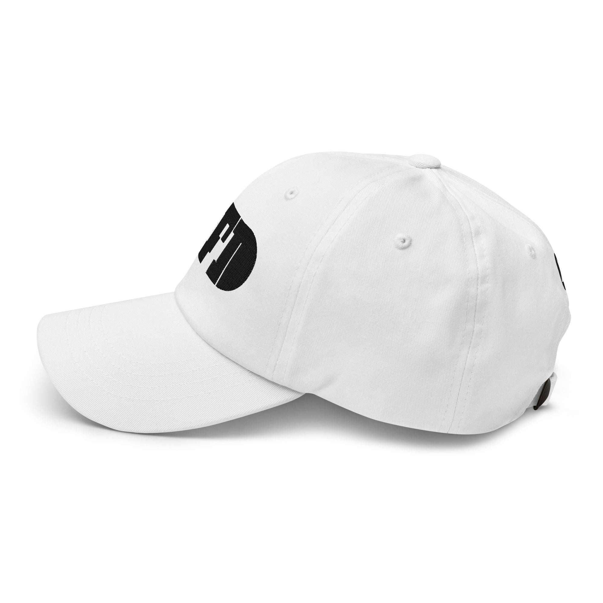 White cap, left angle, curved visor and adjustable strap, wordmark edge at front from Form Finding Design