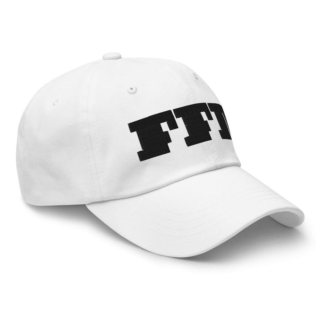 White cap, three-quarter right angle, black FFD wordmark curving across the front panels from Form Finding Design