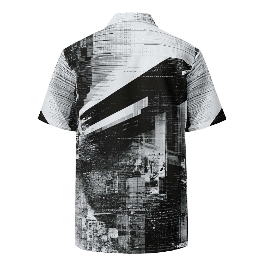 Monochrome glitch print shirt viewed from behind, sheared city artwork running across the back and hem. Form Finding Design HIS Overscan Glitch Print Shirt