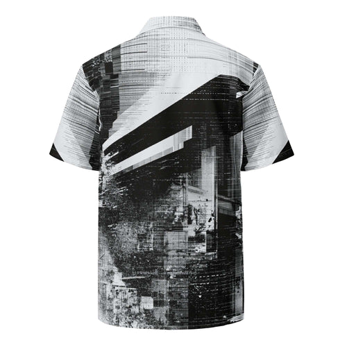 Monochrome glitch print shirt viewed from behind, sheared city artwork running across the back and hem. Form Finding Design HIS Overscan Glitch Print Shirt