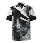Monochrome glitch print camp collar shirt, front view, black and white sheared city print — Form Finding Design
