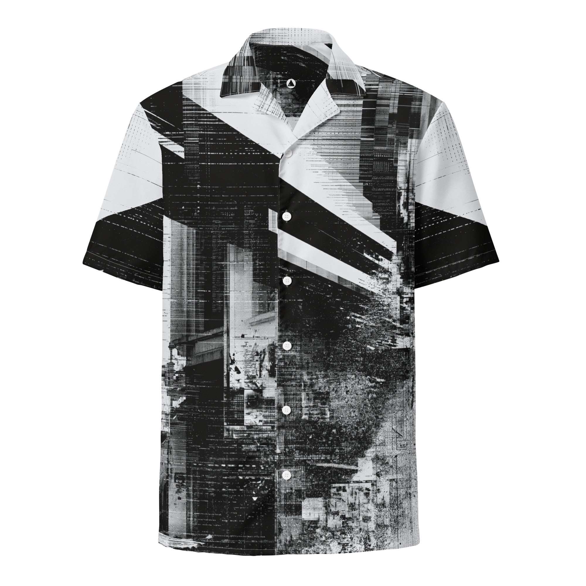 Monochrome glitch print camp collar shirt, front view, black and white sheared city print — Form Finding Design