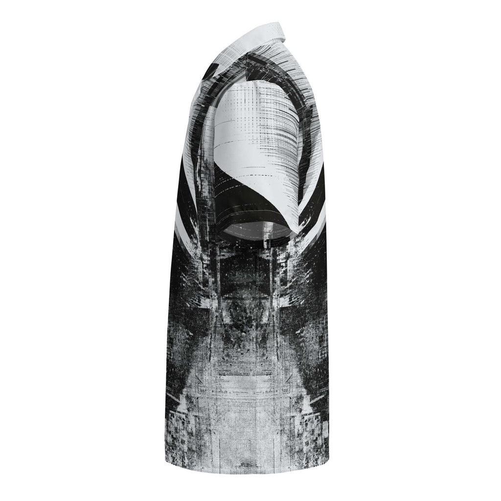 HIS Overscan Glitch Print Shirt, A one-shoulder tunic dress featuring a black and white abstract graphic print, shown against a plain white background  by Form Finding Design
