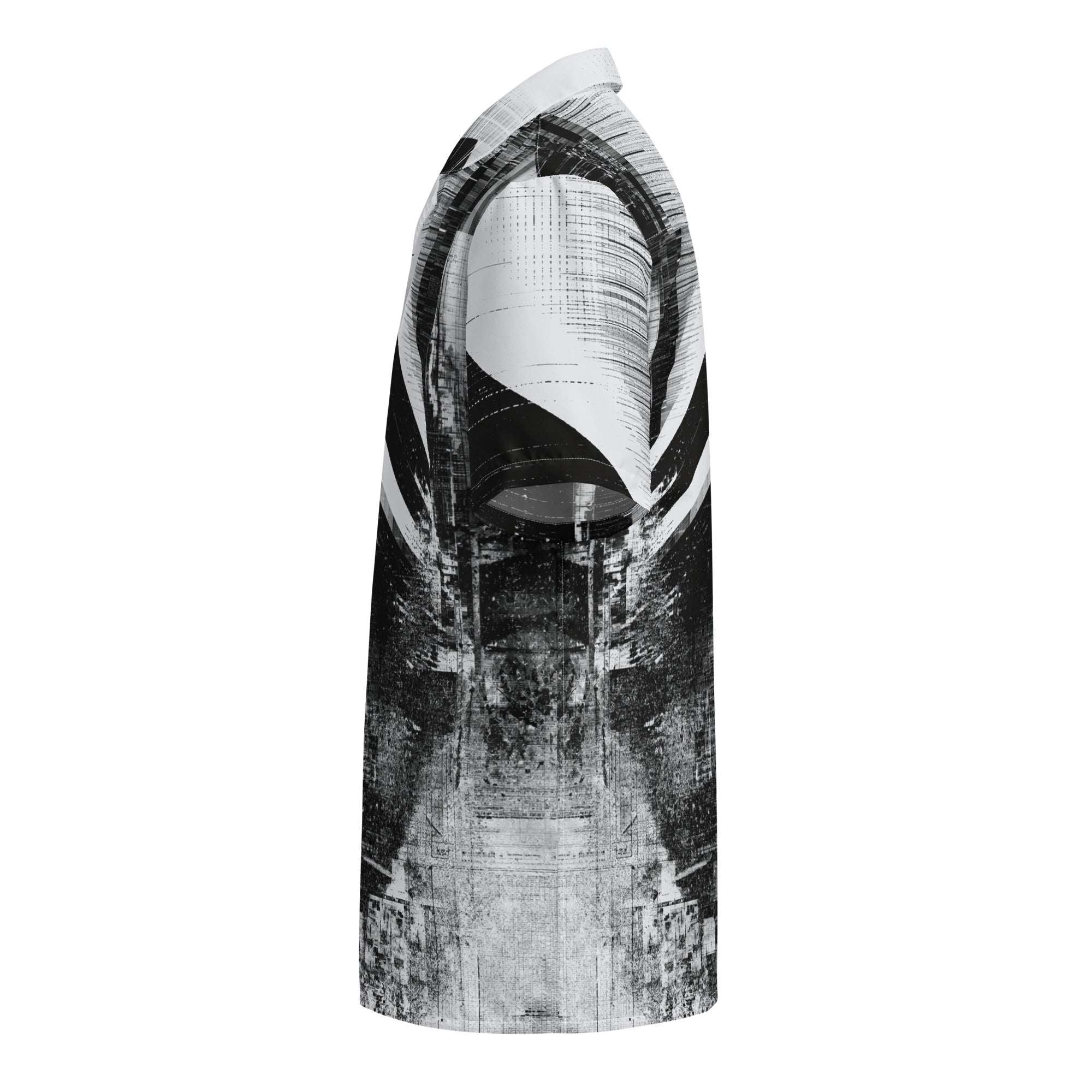 HIS Overscan Glitch Print Shirt, A one-shoulder tunic dress featuring a black and white abstract graphic print, shown against a plain white background  by Form Finding Design