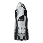 HIS Overscan Glitch Print Shirt with an abstract black and white architectural print, displayed on a clean white background by Form Finding Design