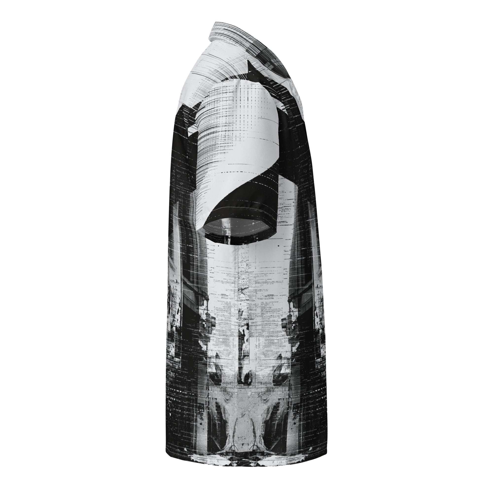 HIS Overscan Glitch Print Shirt with an abstract black and white architectural print, displayed on a clean white background by Form Finding Design