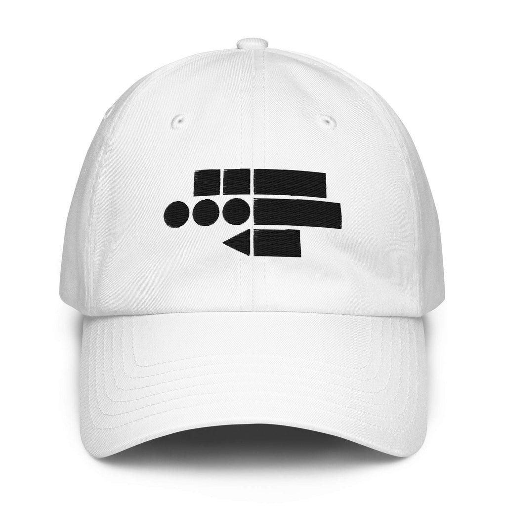 White six-panel dad cap, front view, black FFD Cipher mark centred on the crown — Form Finding Design