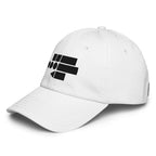 White dad cap at a left three-quarter angle showing the Cipher mark, curved visor and low crown from Form Finding Design
