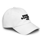 White dad cap at a right three-quarter angle showing side panel and visor profile from Form Finding Design