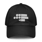 Black six-panel dad cap, front view, white FFD Cipher mark centred on the crown — Form Finding Design