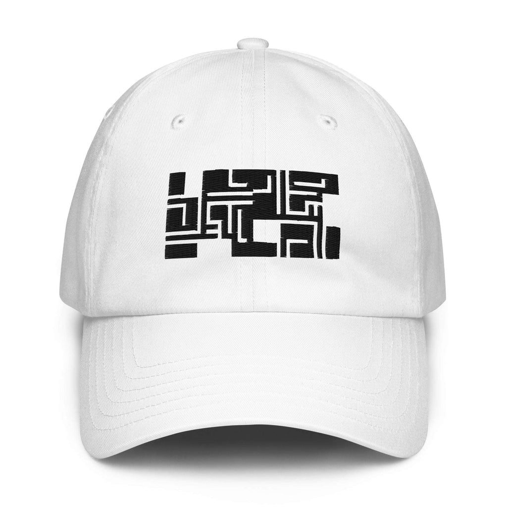 A white baseball cap with a black geometric graphic printed on the front, shown against a plain white background.