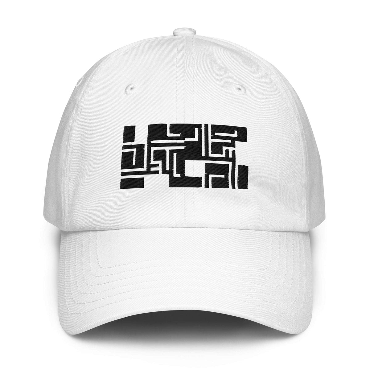 A white baseball cap with a black geometric graphic printed on the front, shown against a plain white background.