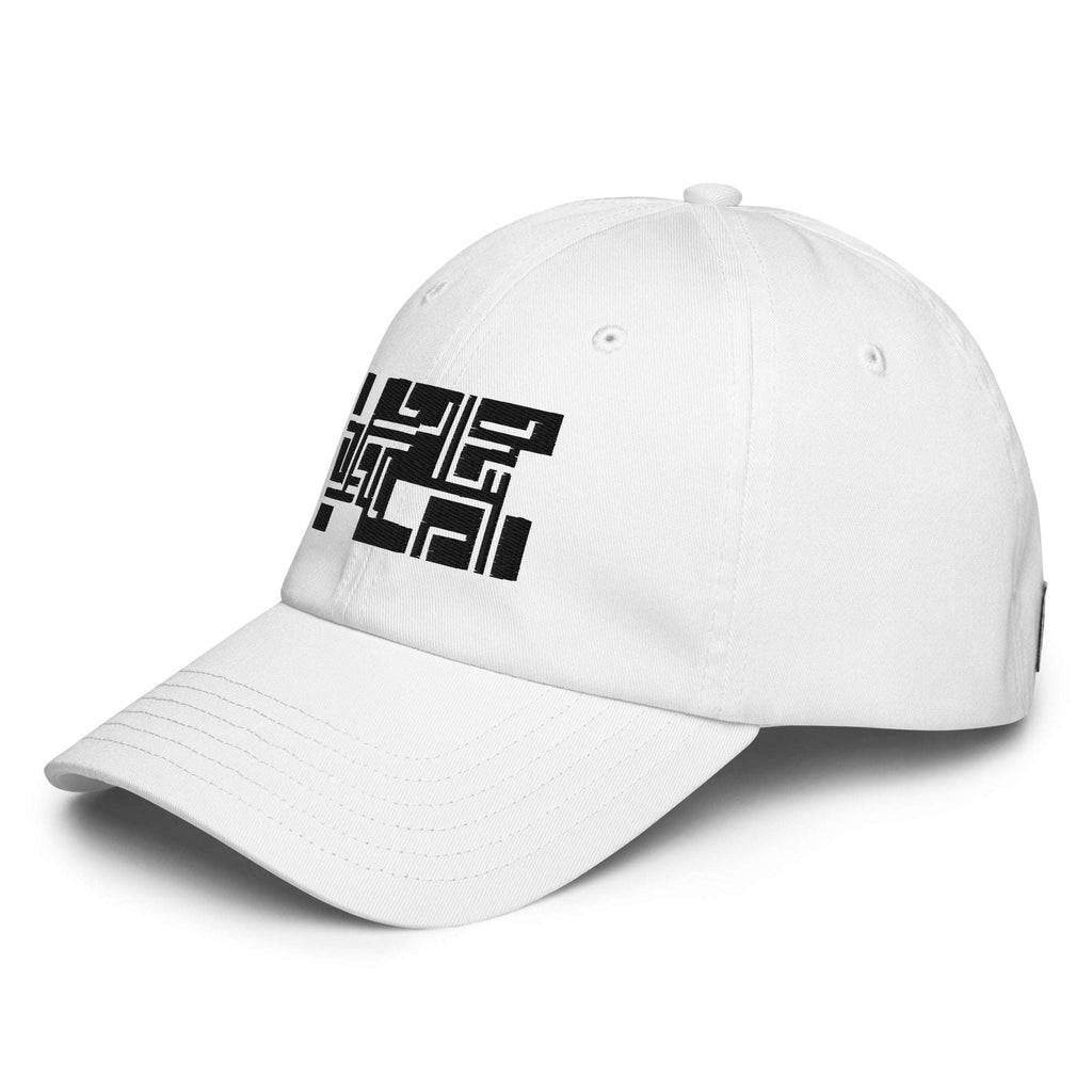White cap with a black logo on a white background