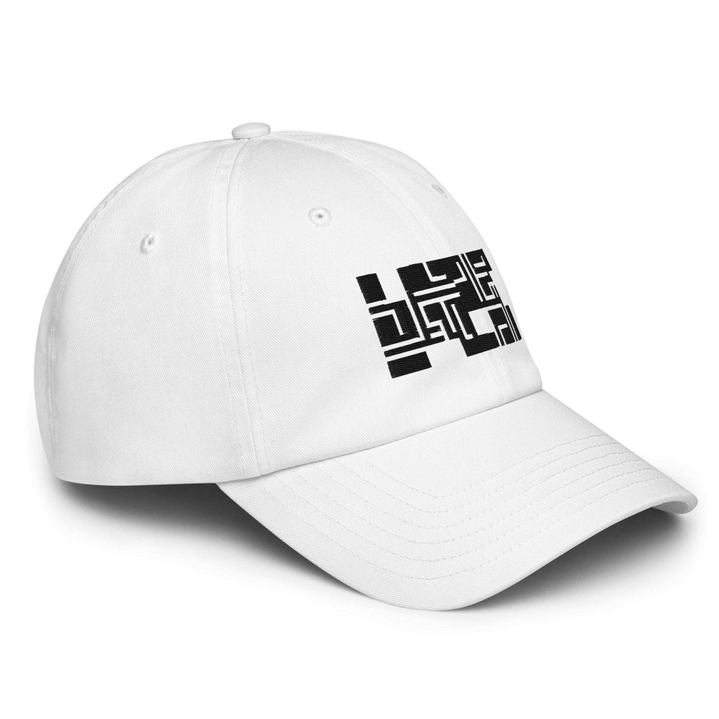 White cap with black maze logo on a white background