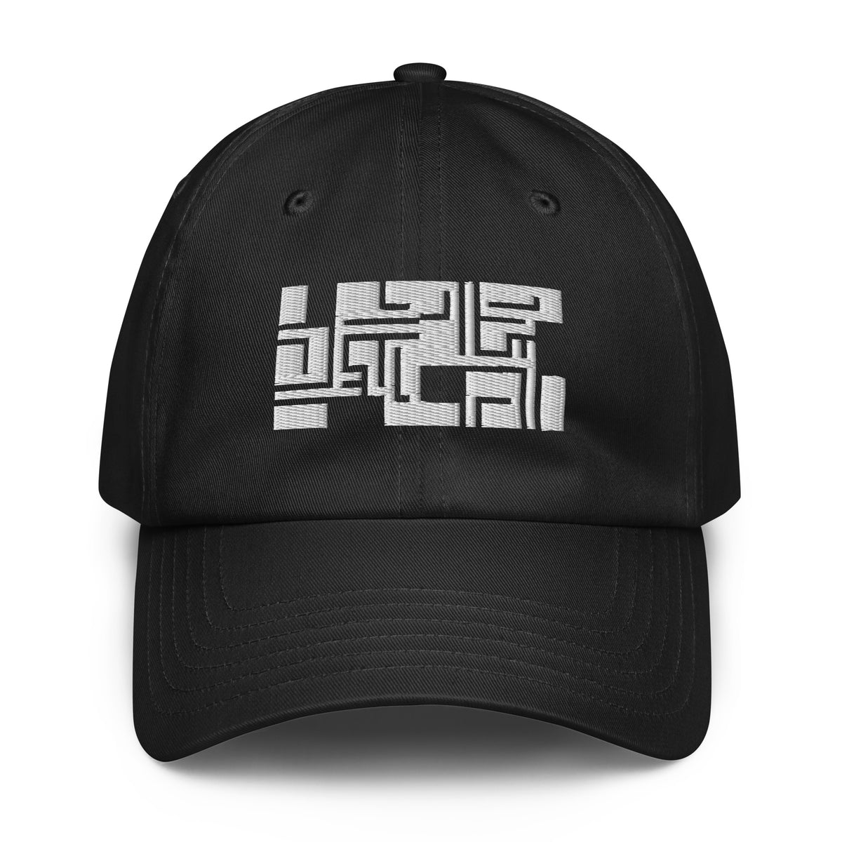 A black baseball cap with a white geometric block logo on the front, displayed against a clean white background.