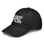 Black cap with white graphic on a white background