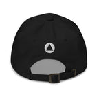 Back of black Form Finding Design cap showing adjustable strap and antique-finish square buckle