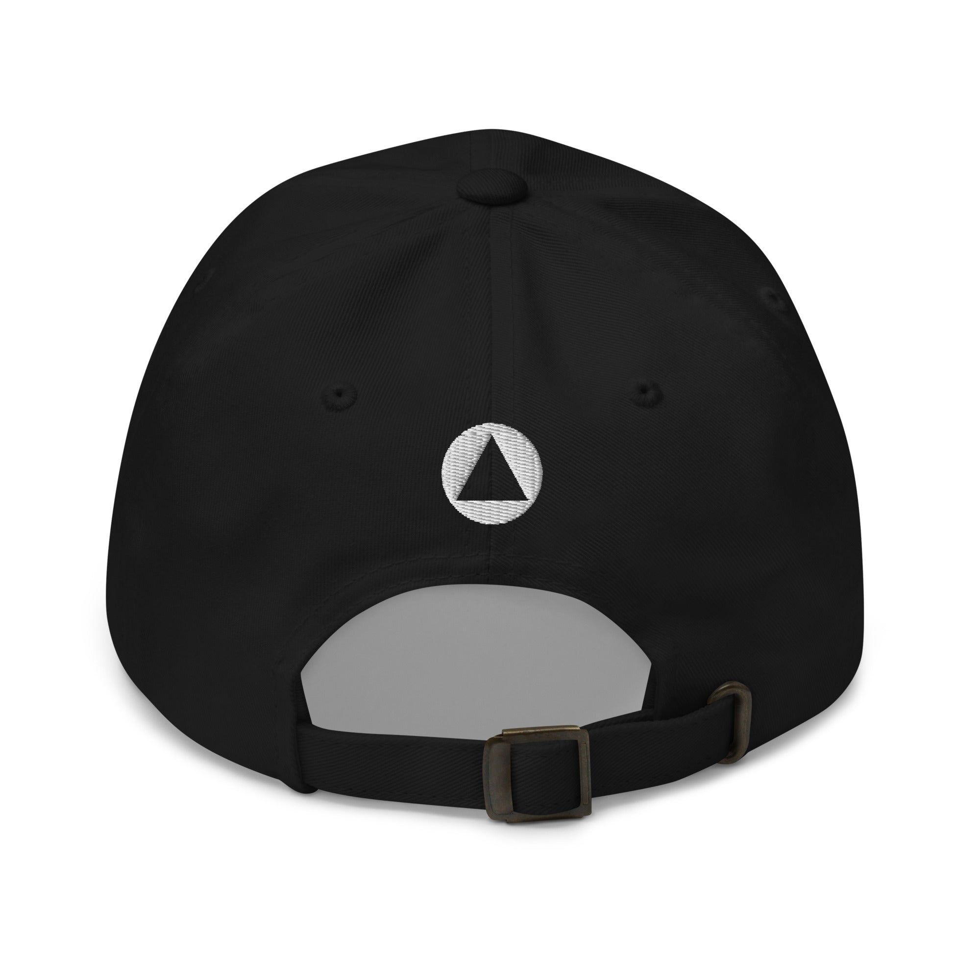 Back of black Form Finding Design cap showing adjustable strap and antique-finish square buckle