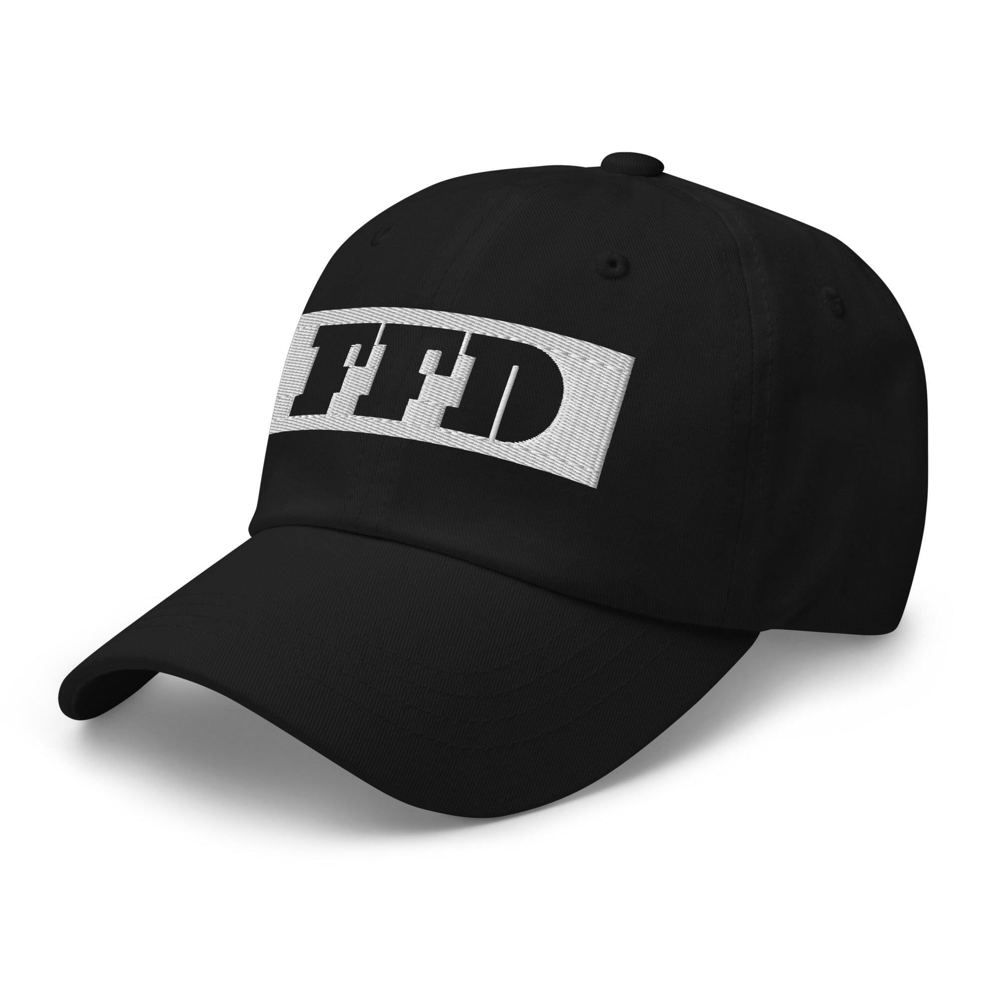 Black cap, three-quarter left angle, white FFD wordmark tag curving across the front panels from Form Finding Design