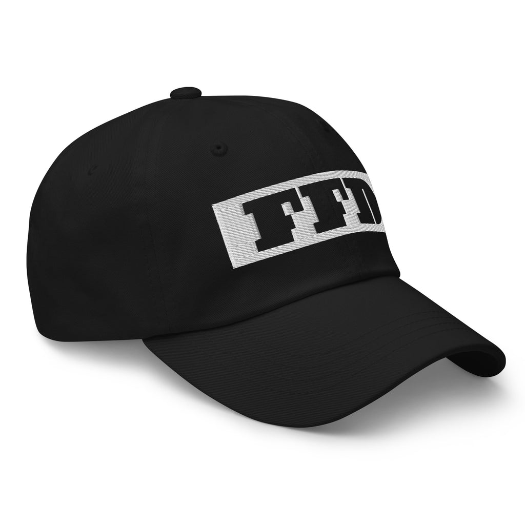 Black cap, three-quarter right angle, white FFD wordmark tag curving across the front panels from Form Finding Design