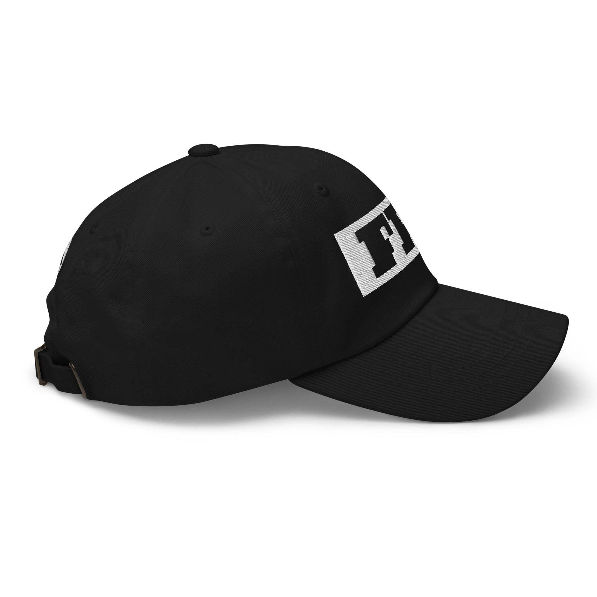 Black cap, right angle, curved visor and adjustable strap, wordmark edge at front from Form Finding Design