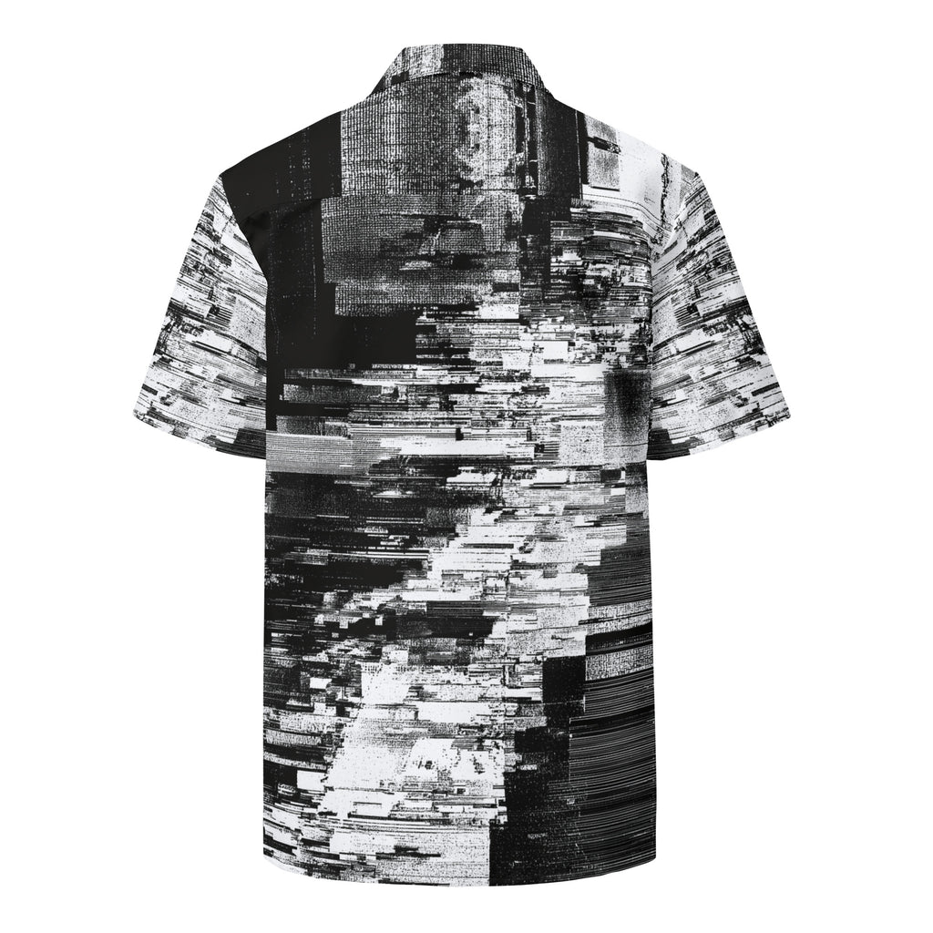 Men's short-sleeve button shirt in a black and white scan-line print, back view. Form Finding Design HIS Kinescope Glitch Print Shirt