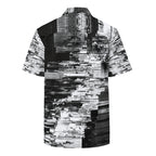 Men's short-sleeve button shirt in a black and white scan-line print, back view. Form Finding Design HIS Kinescope Glitch Print Shirt